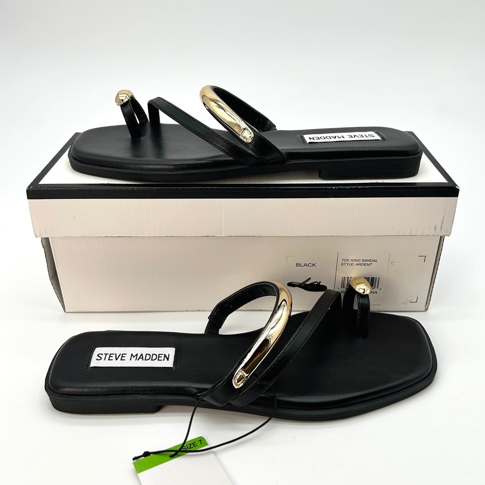 Toe Ring Sandals Steve Madden Ardent Sz. 7 Womens Slides Black Gold Metallic NEW